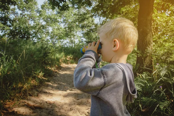 Young Boy Hiking Bird Watching Trail Binoculars Indiana Dunes State — Stock Photo, Image
