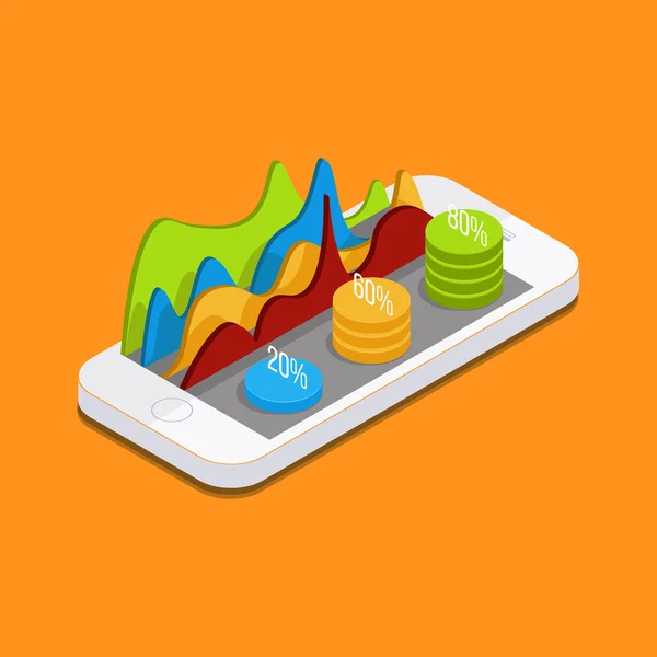 Mobile phone with graphs and reports — Stock Vector