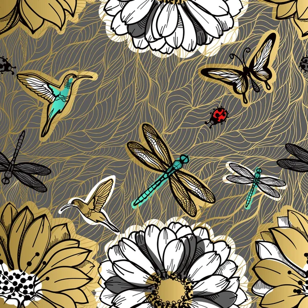 Dikişsiz desen çiçekler, kelebekler, sinek kuşlarının, karanlık backgr — Stok Vektör
