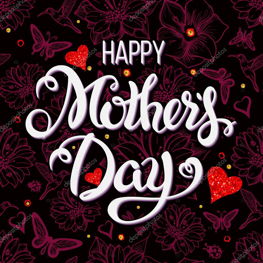 Happy Mother's Day Lettering,Typographical Design With Seamless Backgrounds of Flowers. Isolate Symbols. Mothers Day Signs. Text Design.