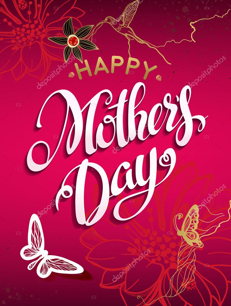 Happy Mother's Day Lettering,Typographical Design. Isolate Symbols. Mothers Day Signs. Text Design with flowers and butterfly in a red background. Holidays Mothers Day. Vector illustration