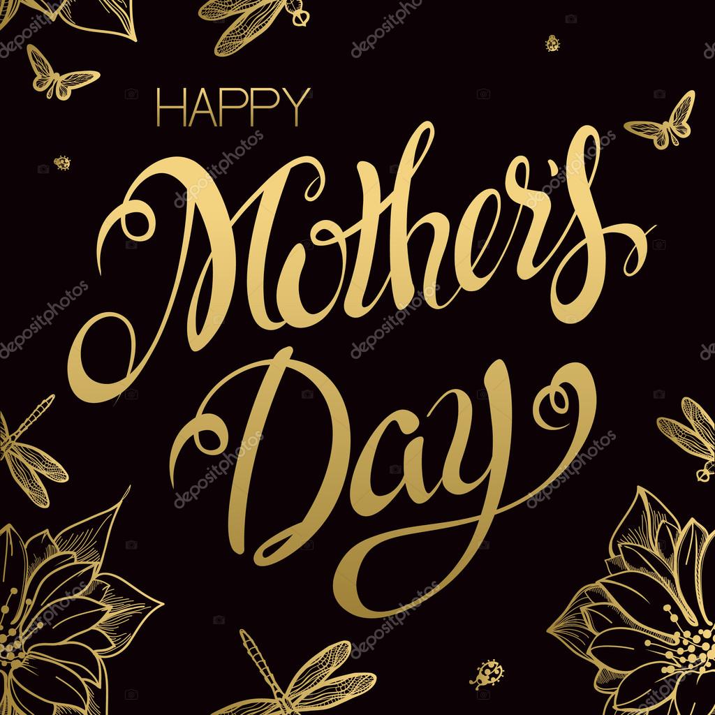 Happy Mother's Day Lettering,Typographical Design With Gold Backgrounds of Flowers. Isolate Symbols. Mothers Day Signs. Text Design.