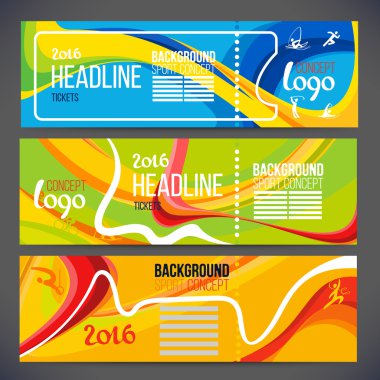 Banners wave bands with different colors are intertwined including sport symbols clipart