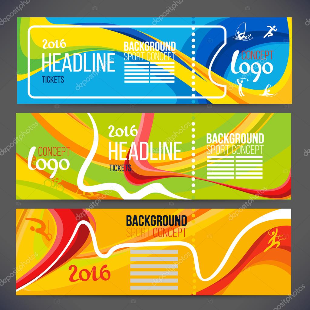 Vector composition of a wave of bands with different colors are intertwined including sport symbols.Concept brochure, web sites,page,leaflet,Design sport banners or ticket 2016 year with logo element.
