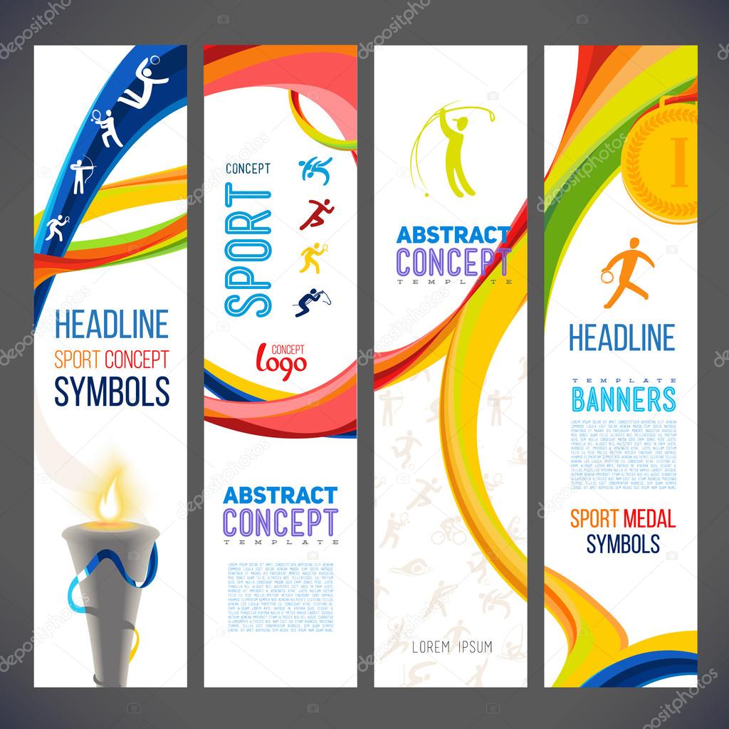 Abstract wavy lines in different colors for a series of sports-related banners. Sports symbols victory torch. Torch fire, gold medals, sports award.sporting achievements icons championship. 2016 year
