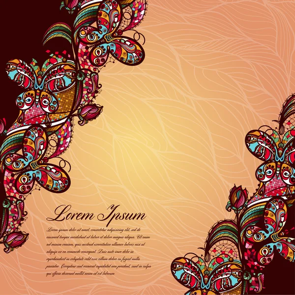 Modèle abstrait de dentelle de couleur des éléments de fleurs et de papillons — Image vectorielle