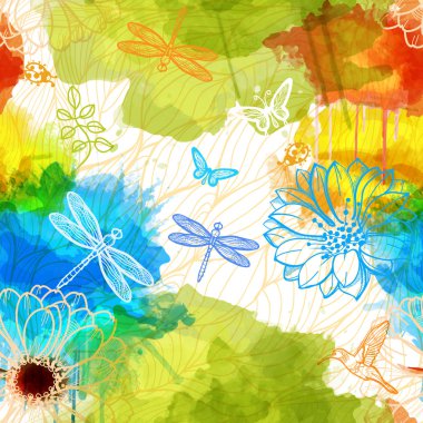 Watercolors of flowers, butterflies, birds, dragonflies and beetles. clipart