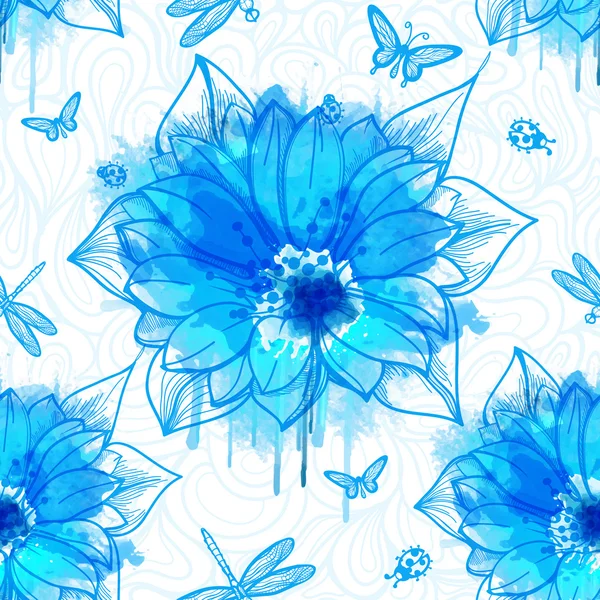 Wallpaper van bloemen met blauwe aquarel elementen — Stockvector