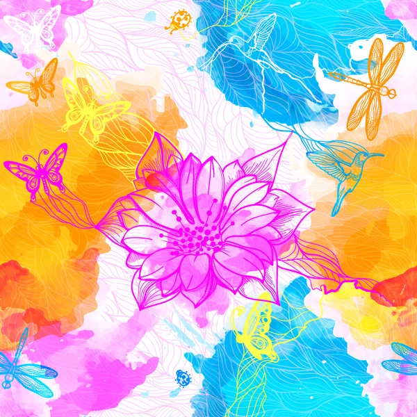 Watercolors of flowers, butterflies, birds, dragonflies and beetles. — Stock Vector