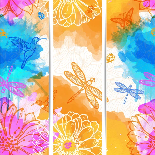 Aquarellen van bloemen, vlinders, vogels, libellen en kevers. — Stockvector