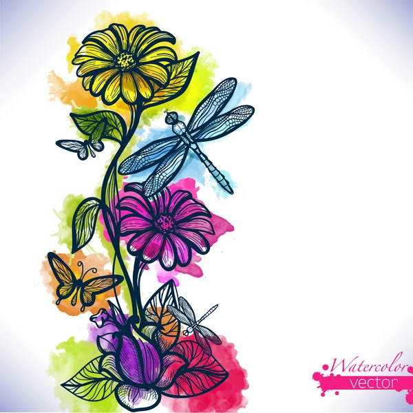 Patroon met kleur bloemen en aquarel achtergrond. — Stockvector