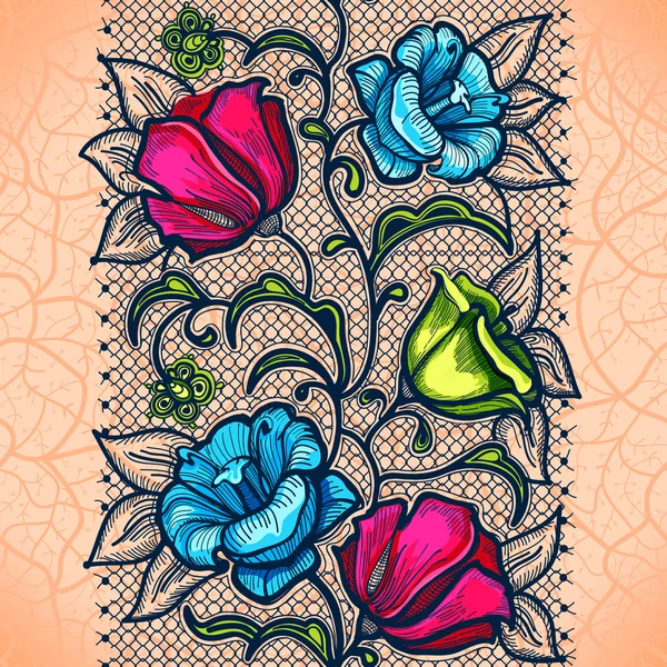 Dentelle motif avec des fleurs de couleur — Image vectorielle
