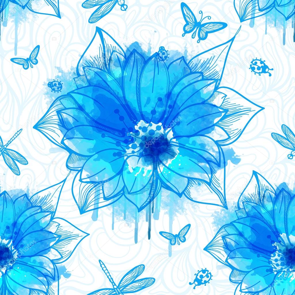 Wallpaper of flowers with blue watercolor elements