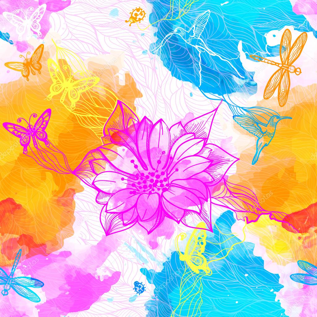 Watercolors of flowers, butterflies, birds, dragonflies and beetles.