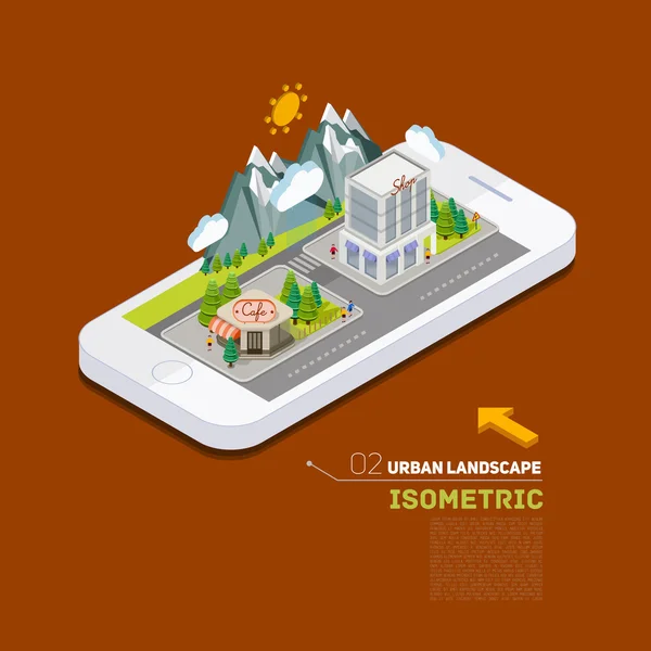 Flache Landschaft Straße Infografik 3d isometrisches Konzept auf dem Telefon. — Stockvektor
