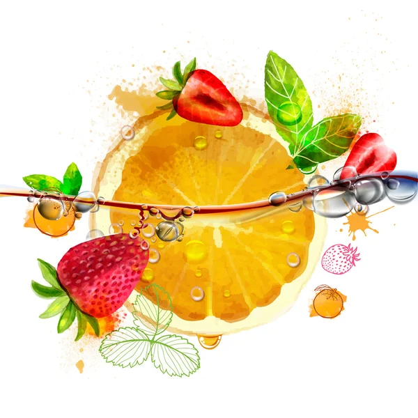 Fruta de naranja y fresa — Vector de stock