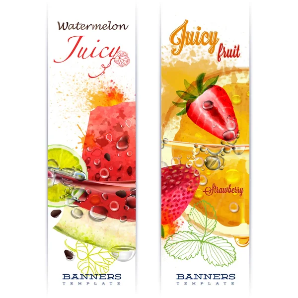 Banners con frutas en salpicaduras de agua — Vector de stock