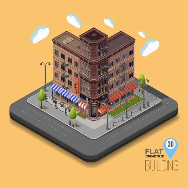 Edifício de apartamentos da cidade com cafés — Vetor de Stock