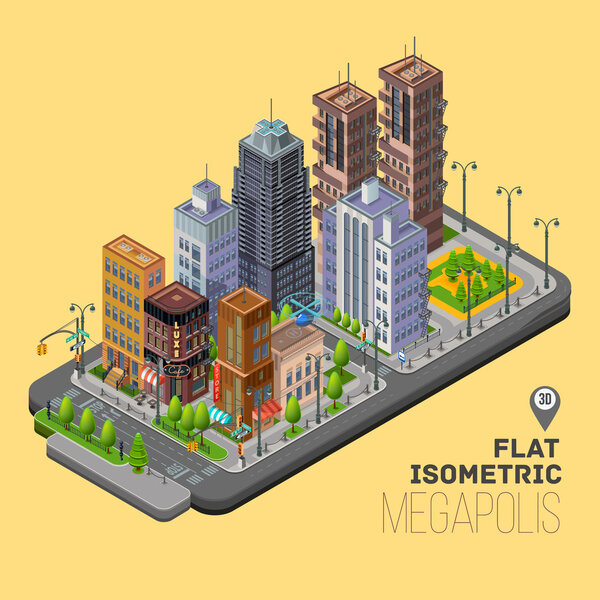 Isometric city, streets, buildings