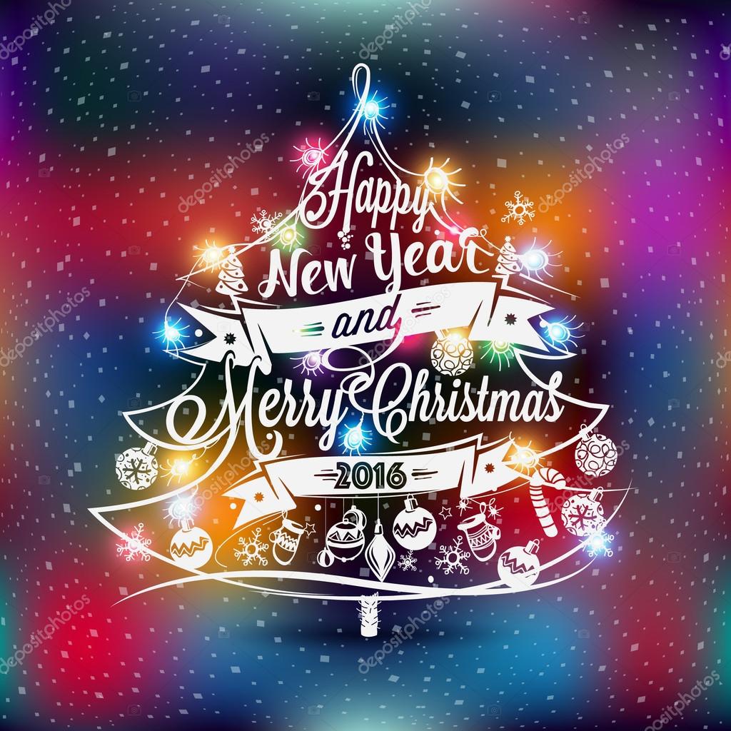 Christmas and New year label with colored lights on a Christmas tree, decoration of calligraphic design with typographic labels