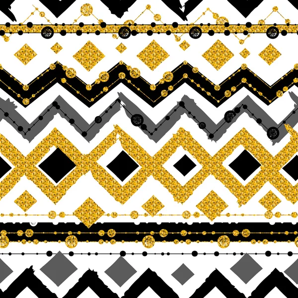 Seamless patterns with white, black, gold, zigzag lines — Stock Vector