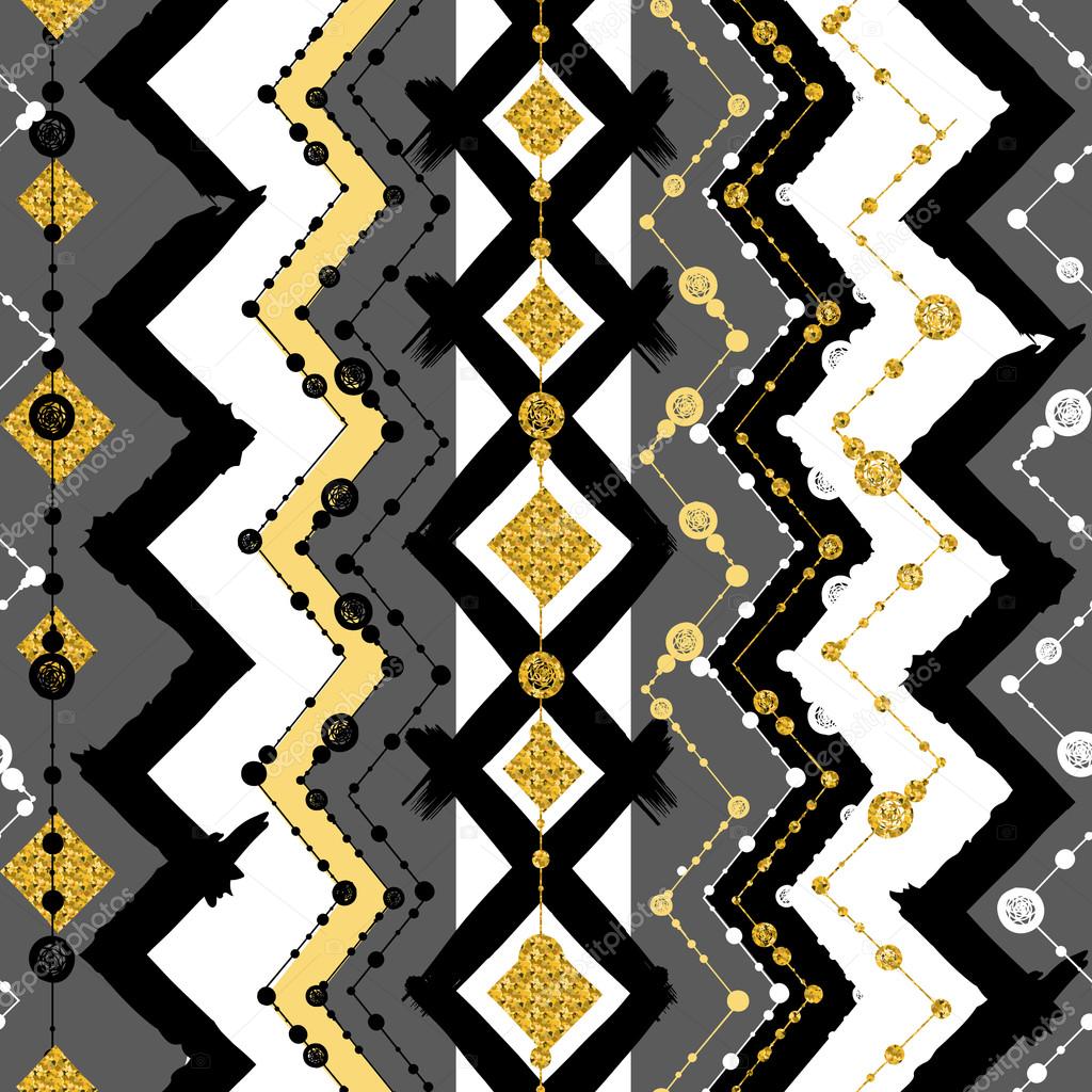 Seamless patterns with white, black, gold, zigzag lines