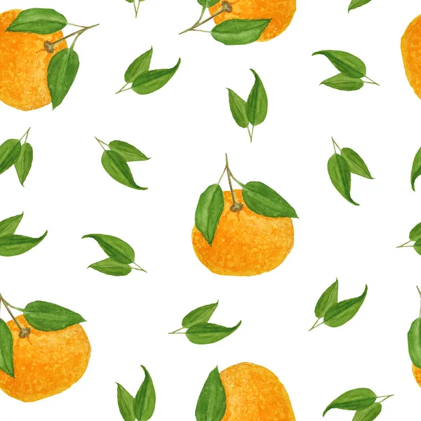 Υδατογραφία χέρι επέστησε απρόσκοπτη απεικόνιση μοτίβο φωτεινό πορτοκαλί μανταρίνι εσπεριδοειδών μανταρίνι με ζωντανά πράσινα φύλλα. Για βιολογικά τρόφιμα χορτοφαγικές ετικέτες, συσκευασία. Φυσικό μοντέρνο σχεδιασμό. — Φωτογραφία Αρχείου