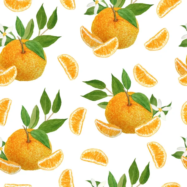 Watercolor mão desenhada sem costura padrão ilustração de tangerina laranja brilhante citrinos tangerina com flores folhas verdes vibrantes. Para alimentos rótulos vegetarianos orgânicos, embalagem. Desenho natural — Fotografia de Stock