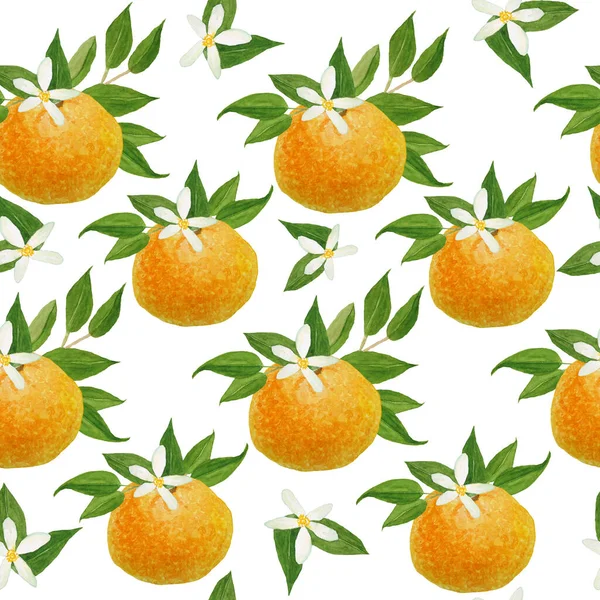Watercolor mão desenhada sem costura padrão ilustração de tangerina laranja brilhante citrinos tangerina com flores folhas verdes vibrantes. Para alimentos rótulos vegetarianos orgânicos, embalagem. Desenho natural — Fotografia de Stock