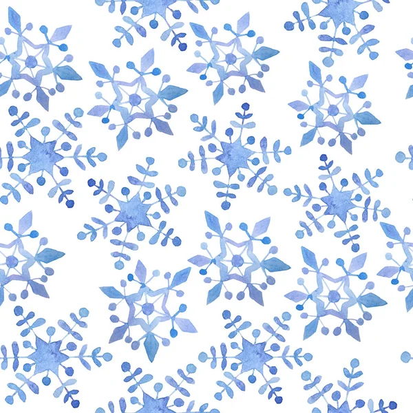 Watercolor hand drawn seamless pattern with blue elegant snowflakes for Christmas new year design wrapping paper textile. Electric blue snow frost pastel invitation celebration. Cold weather — Stock Photo, Image