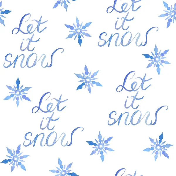 Акварель нарисовала бесшовный узор ручной работы с надписью Let It Snow и синими снежинками. Элегантная иллюстрация для дизайна новогодних открыток. Пастель с ледяным снегом — стоковое фото