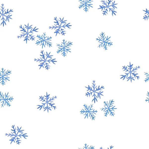 Акварель ручной работы бесшовный узор с голубыми элегантными снежинками для Рождества Новый год дизайн оберточной бумаги текстиль. Электрический голубой снег. Зимний фон. — стоковое фото