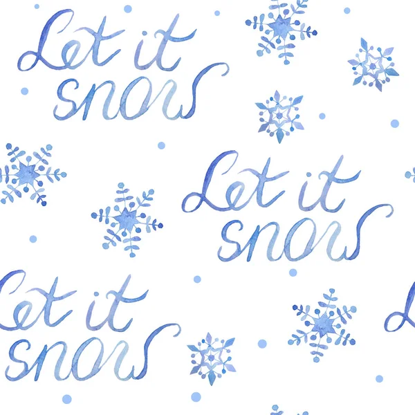 Watercolor hand drawn seamless pattern with Let It Snow phrase lettering and blue snowflakes. Elegant illustration for Christmas New year cards invitations design. Electric blue snow frost pastel — Stock Photo, Image