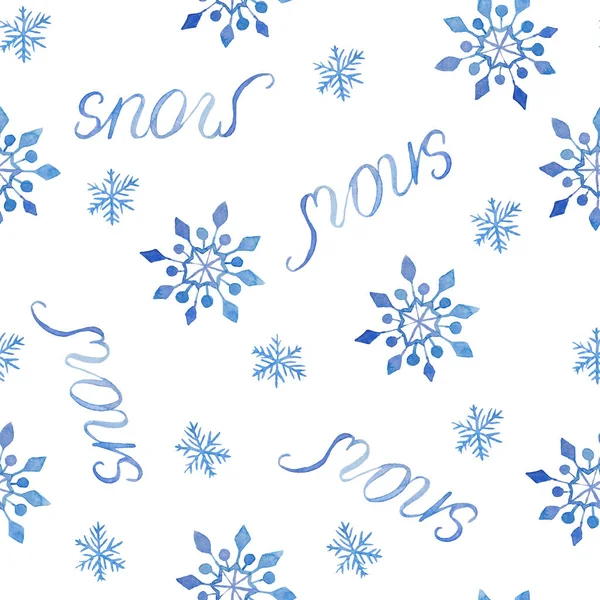 Акварель нарисовала бесшовный узор с надписью "Snow" и синими снежинками. Элегантная иллюстрация для дизайна новогодних открыток. Пастель с ледяным снегом — стоковое фото