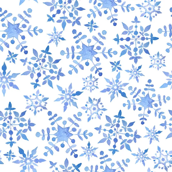 Aquarel met de hand getekend naadloos patroon met blauwe elegante sneeuwvlokken voor Kerstmis nieuwjaar ontwerp inpakpapier textiel. Elektrische blauwe sneeuw vorst pastel uitnodiging viering. Winterachtergrond. — Stockfoto