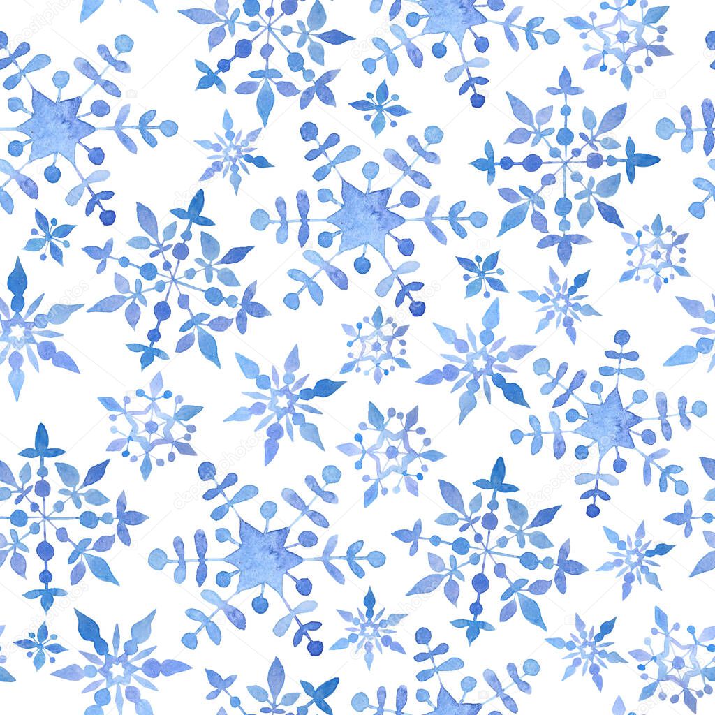 Watercolor hand drawn seamless pattern with blue elegant snowflakes for Christmas new year design wrapping paper textile. Electric blue snow frost pastel invitation celebration. Winter background.