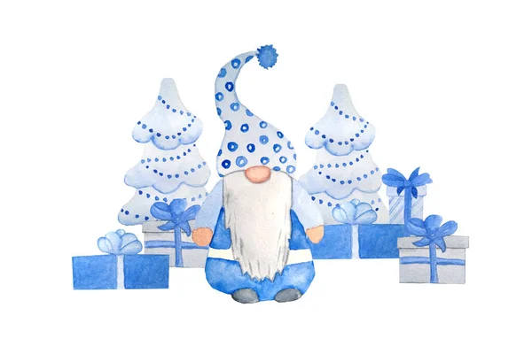 水彩手は、クリスマス北欧の北欧のノームの贈り物のイラストを描きました。中性青灰色の招待状の新年カードのためのデザイン。クリスマスツリープレゼントプレゼント装飾漫画. — ストック写真