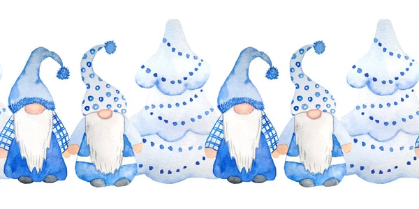 水彩手は、クリスマス北欧の北欧の妖精ノームのシームレスな水平境界線を描きました。中立電気青灰色の招待状の新年カードのためのデザイン。クリスマスツリー装飾漫画. — ストック写真