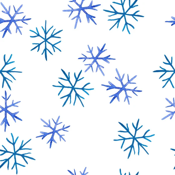 Akvarell handritat sömlöst mönster med blå eleganta snöflingor för jul nyår design inslagning papper textil. Elektrisk blå snö frost pastell inbjudan fest. Vinter bakgrund. — Stockfoto