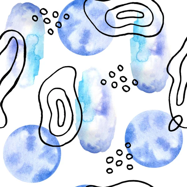 Nahtlose handgezeichnete schwarz weiß blau trendige zeitgenössische grafische Muster mit Gruppen von abstrakten türkisfarbenen Formen Spiralen und Aquarell Tupfen Kreise. Doodles für Textiltapeten-Packpapier — Stockfoto