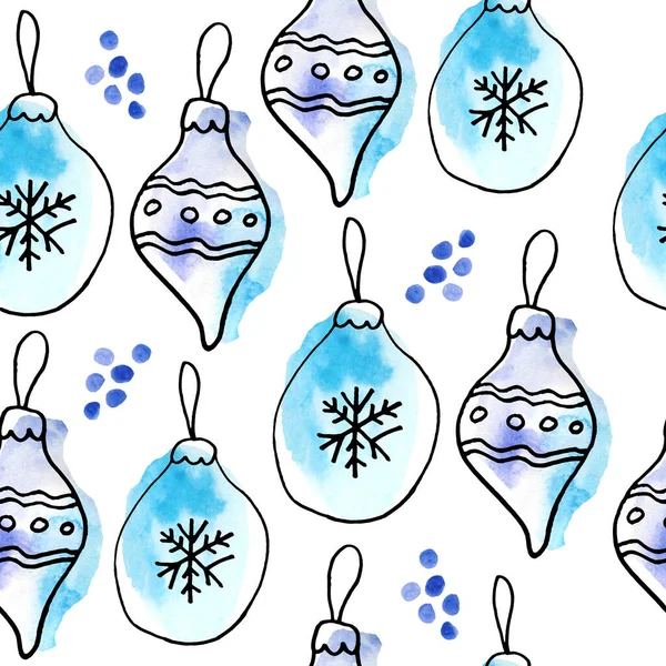 Padrão de mão sem costura aquarela desenhada com enfeites de Natal Ano Novo bolas azul-turquesa no fundo branco. Preto doodle linhas moderno moderno desenho animado estilo contemporâneo inverno dezembro design. — Fotografia de Stock