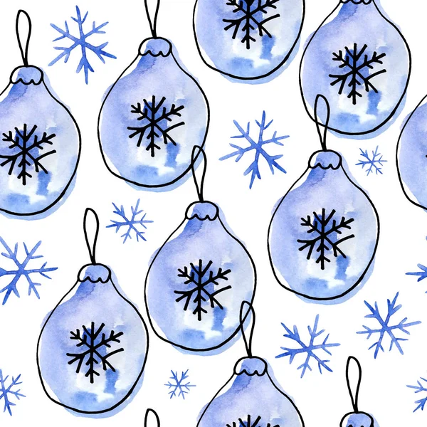 Akvarell sömlös handritade mönster med jul nyår prydnader bollar blå turkos på vit bakgrund. Svart klotter linjer trendiga modern tecknad stil modern vinter december design. — Stockfoto