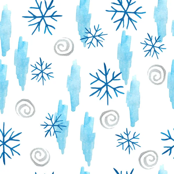 Acquerello disegnato a mano modello senza soluzione di continuità con fiocchi di neve blu spirale forme astratte Natale nuovo anno design avvolgente carta tessile. Elettrico blu neve gelo pastello invito celebrazione. Inverno — Foto Stock