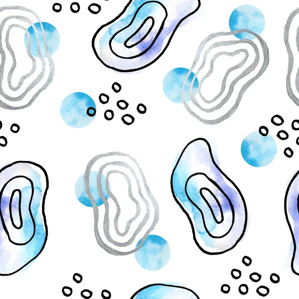 Sömlös handritad svart vit blå trendig modern grafiskt mönster med grupper av abstrakta turkosa former spiraler och akvarell polka prickiga cirklar. Mönster för tapetomslagspapper — Stockfoto