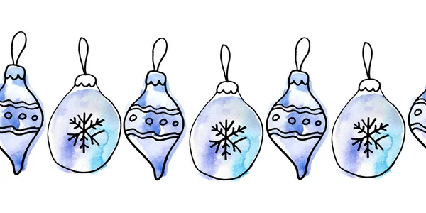 水彩のシームレスな手は、水平方向の境界線を描いたクリスマスの新年の装飾ボールは白の背景に青ターコイズ。黒のドアライン流行のモダンな漫画スタイル現代的な冬の12月 — ストック写真