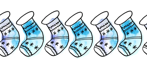 水彩シームレスな手描き水平境界クリスマス新年の装飾靴下白い背景に青ターコイズ。黒のドアライン流行のモダンな漫画スタイル現代的な冬の12月 — ストック写真