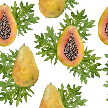 suluboya el, turuncu sarı ve yeşil yapraklı siyah tohumlu, tropikal, egzotik papaya meyveleriyle kusursuz desenler çizdi. Mutfak tekstil kumaşları için vegan vejetaryen diyeti için sağlıklı moda yiyecekler