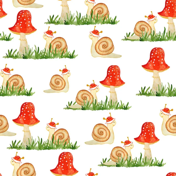 Aquarel hand getekend naadloos patroon illustratie van amanita muscaria paddenstoelen met rode doppen in bos bos bos groen gras en grappige cartoon slak. Kinderen textiel behang. Natuur natuurlijk. — Stockfoto