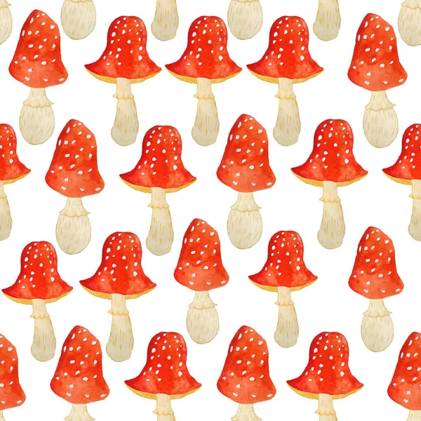 Watercolor hand drawn seamless pattern illustration of amanita muscaria mushrooms with red caps in forest wood woodland. Children funny cartoon style textile wallpaper. For nursery decor.