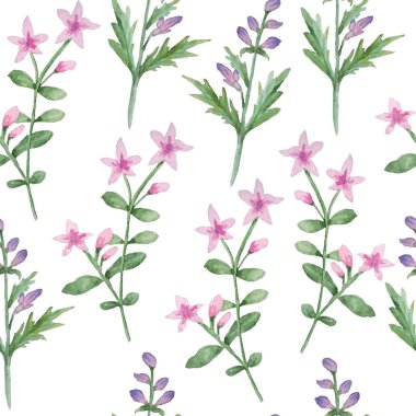 Vahşi mor çiçek yapraklarının dikişsiz suluboya deseni. Bahar Ormanı Çiçek Tarafsız Doğa Tasarımı Tekstil Duvar Kağıdı Düğün Davetiyesi. Mevsimsel klasik romantik arka plan.